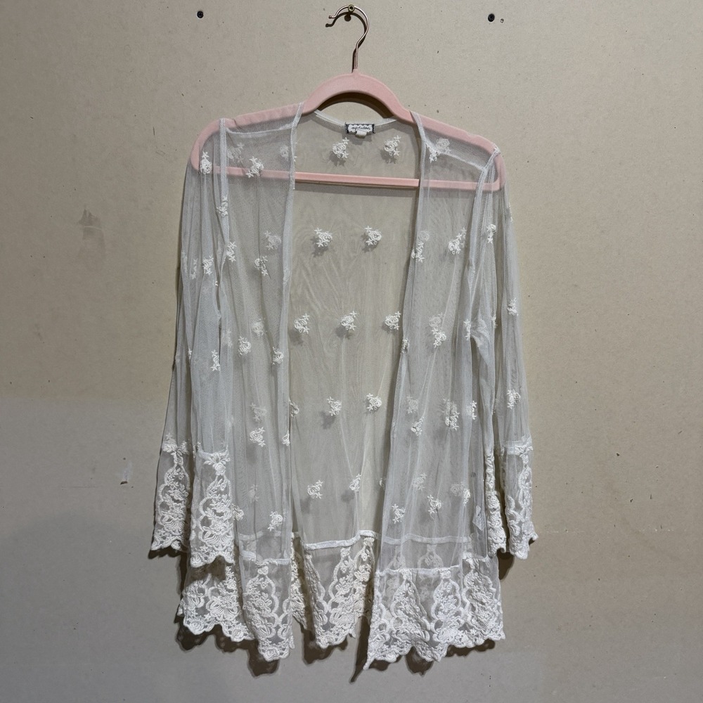 eyeshadow White Sheer Mesh Lace Kimono Duster Cardigan Boho Size XL EUC